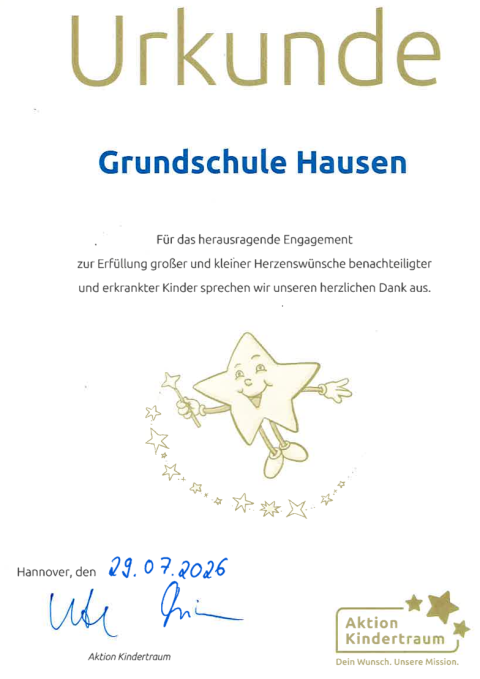 Ausgezeichnet! Urkunde von „Aktion Kindertraum“ für die Grundschule Hausen